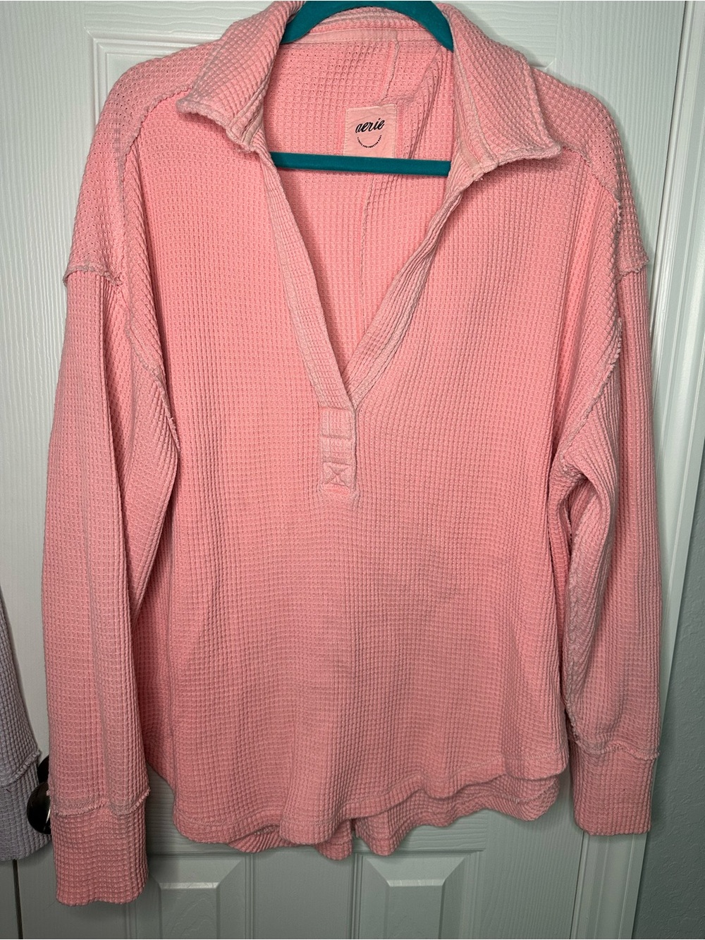 aerie waffle knit long sleeve top in lavender and coral - Picture 2 of 5